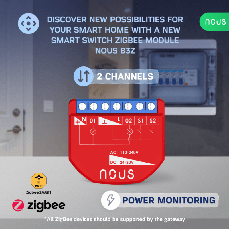 NOUS - Zigbee ON/OFF module + Consumption measurement - 2 loads