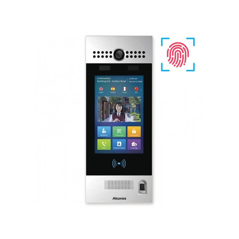 Akuvox - R29CT Multi-Tenant-IP-Video-Türsprechanlage mit Gesichtserkennung und Fingerabdruckssensor, QR-Code, BLE, 7"-Touchscree