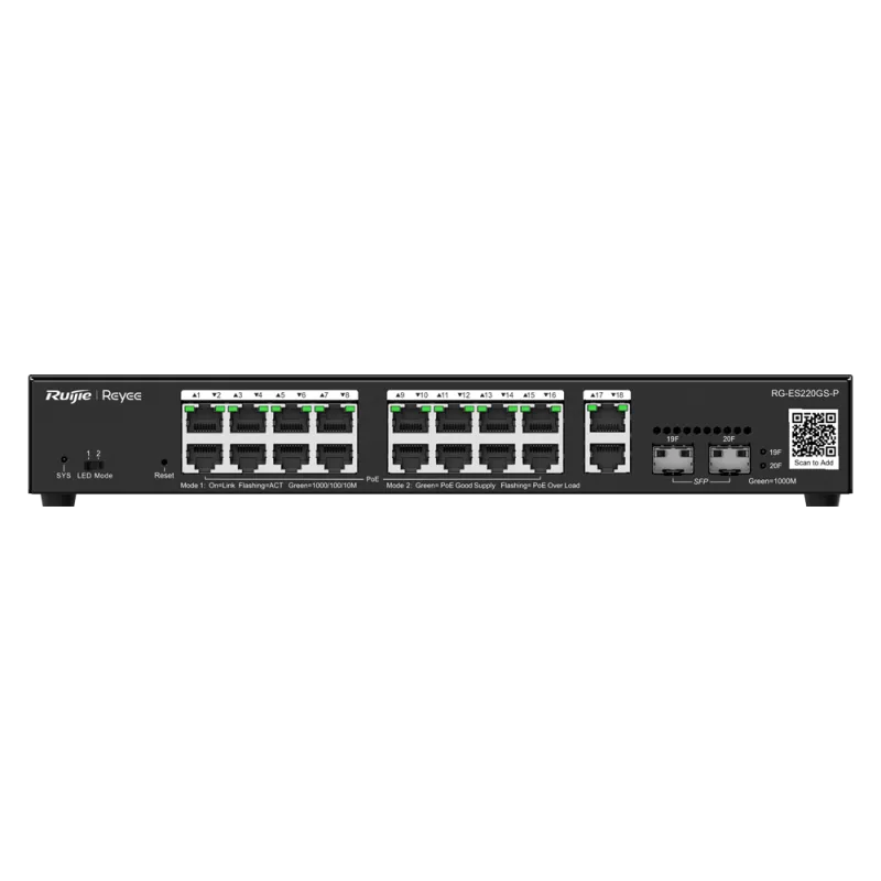Reyee - Verwaltbarer 18-Port Gigabit Switch + 2 SFP + 16 PoE+ Ports 250W RG-ES220GS-P