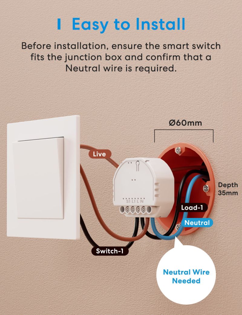 Meross - Smart Wi-Fi In-Wall Switch (Neutral Wire)