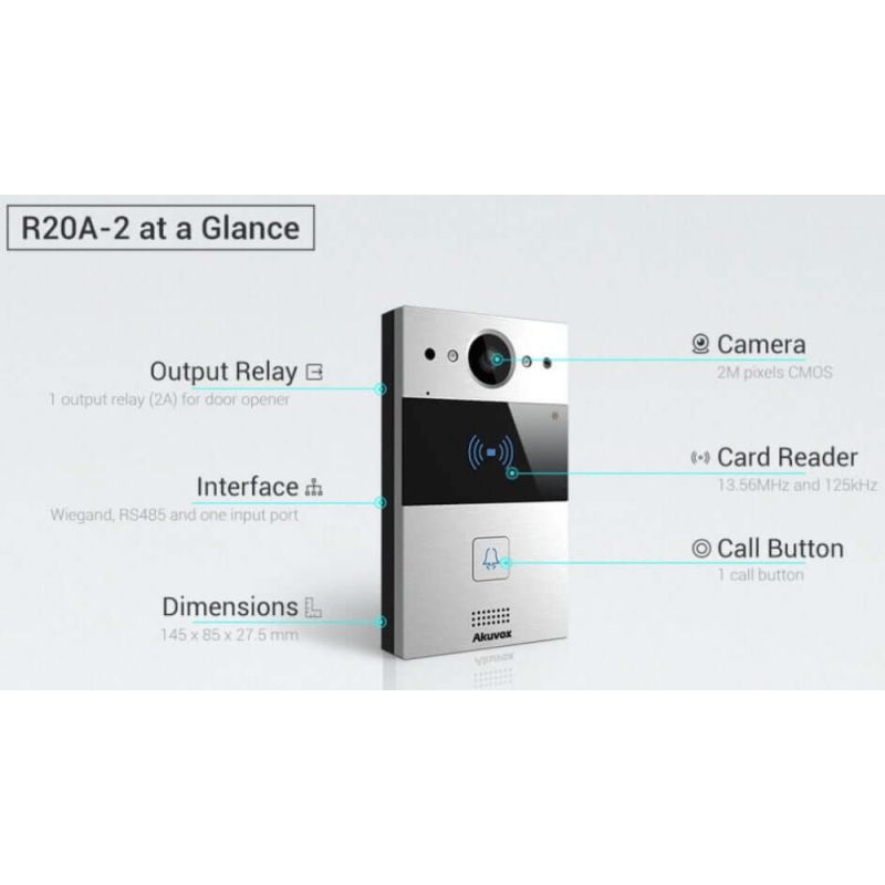 Akuvox - Compact SIP R20A-2 2 Wire Video Doorbell - 1 Doorbell with RFID Badge Reader