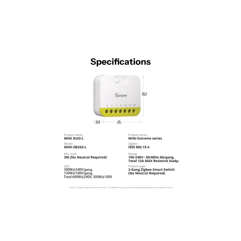 SONOFF MINI-ZB2GS-L - Interrupteur Intelligent 2 Canaux Zigbee 3.0 Sans Neutre