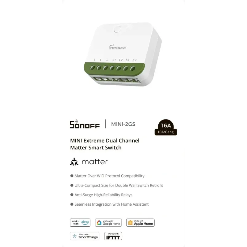 SONOFF MINI-2GS MINI DUO - Interrupteur connecté double canal Matter Wi-Fi 16A
