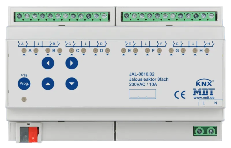 MDT - Jalousieaktor 8-fach, 8TE REG, 10A, für Rollladenmotoren 230VAC bis 600W
