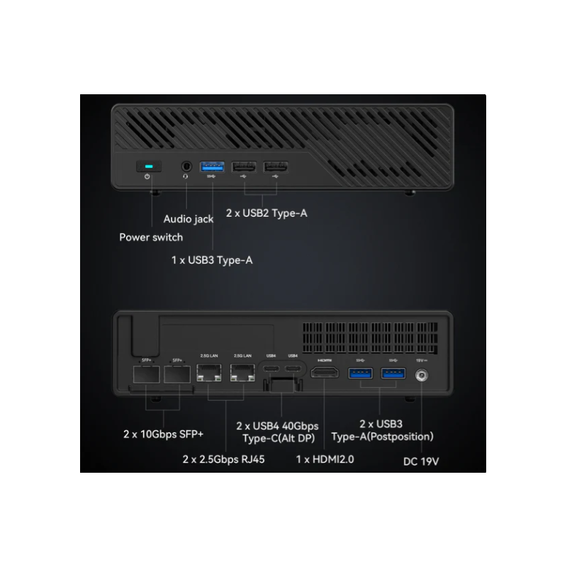 Minisforum - Mini PC MS-01 Barebone with Intel Core i9-12900H,vPro Enterprise Support,2x10Gbps SFP+LAN/2x2.5G RJ45/2xUSB4/HDIM/1